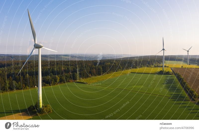 Wind turbine view from drone - Sustainable development, environment friendly, renewable energy concept. wind power fuel alternative sunset clean electricity