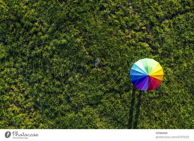 Colorful of umbrella on a green summer meadow - view from a drone rainbow top color grass multicolored eye sun abstract nature garden background beautiful