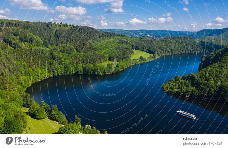 Lake Rursee at summer, Eifel Germany eifel drone lake rursee aerial ship boat blue green landscape mountain nature river sky tourism travel view water