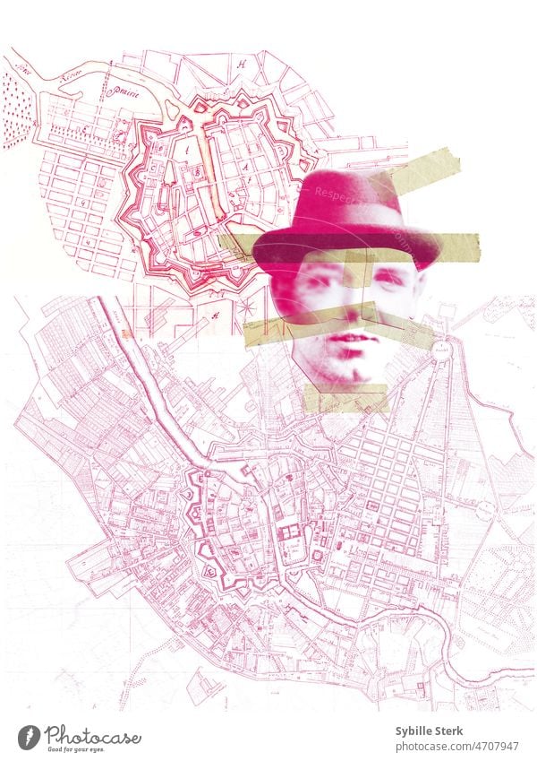 Man's portrait made up of several faces on old Berlin maps man hat different faces agent spy war historical maps old Berin city collage vintage espionage