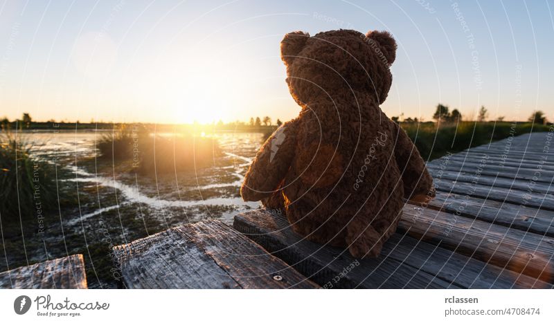 teddy bear sitting on a jetty/pier at a lake on sunset, rear view. Love theme. Concept about love and relationship. copyspace for your individual text. child