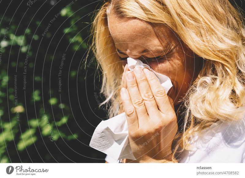 Sick woman from corona virus or influenza coronavirus 2019-ncov flu sneezing sneeze cold allergic allergy cleaning cough disease flower dust pandemic quarantine