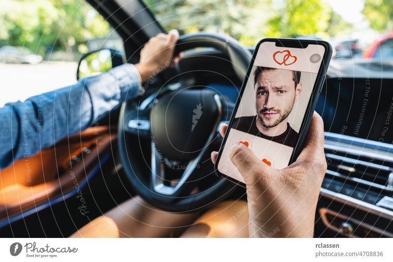 Woman use Dating app or site in mobile phone screen in a car. Woman swiping and liking profiles on relationship site or application. Single woman using smartphone to find love, partner and boyfriend.