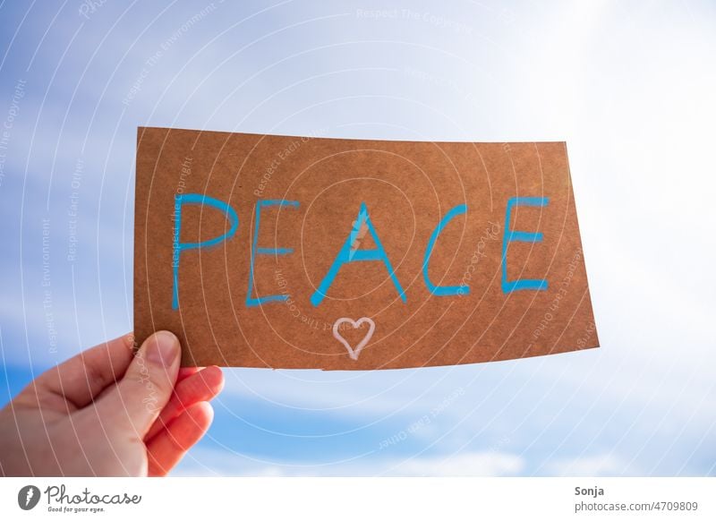 Female hand holding a shield with Peace in the sky sign peace Woman Hand War Characters Colour photo Sign Hope Sky Blue Ukraine Freedom Solidarity Peace Wish
