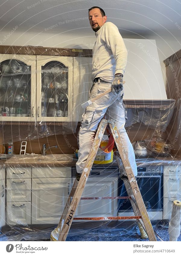 A professional at work - kitchen Redecorate Old House (Residential Structure) Colour photo Painter Living or residing Painting (action, work) Interior shot