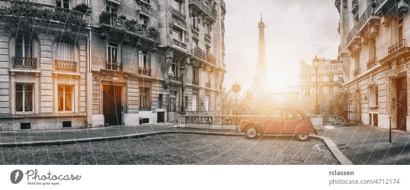 Avenue de Camoens in Paris panorama street tower paris city romantic car french attraction duck alley europe cloudy tourist red retro poster alone 2cv