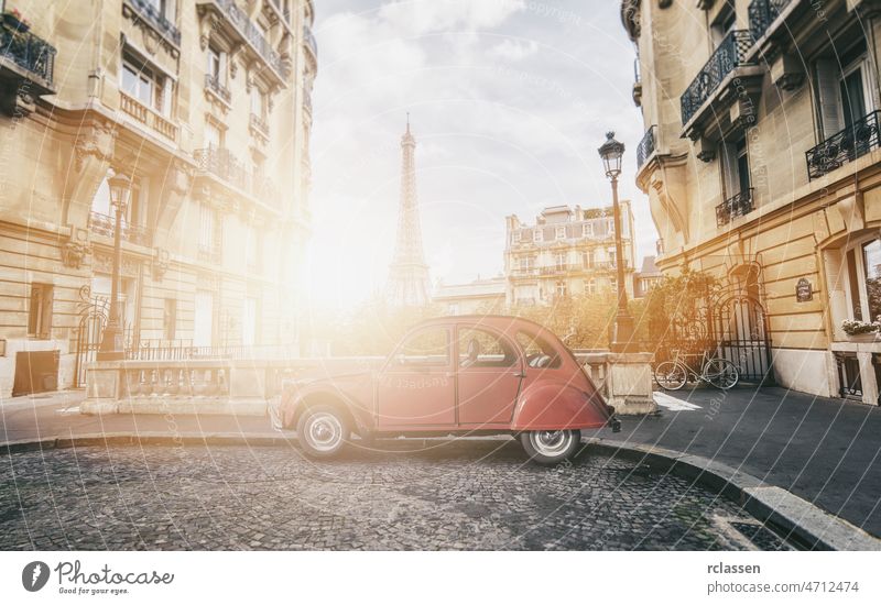 Avenue de Camoens in Paris with red retro car eiffel tower paris city romantic french sunshine attraction eifel street duck alley europe cloudy tourist poster