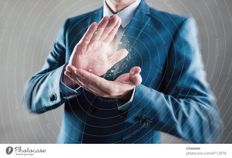 Businessman with digital planet in hands, global connection concept image technology worldwide abstract business wireless network design present science web