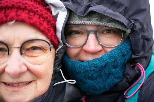 Mother and daughter in winter relation Daughter Family & Relations portrait faces Close-up Winter Cap Hooded (clothing) Cold cold season cold temperature