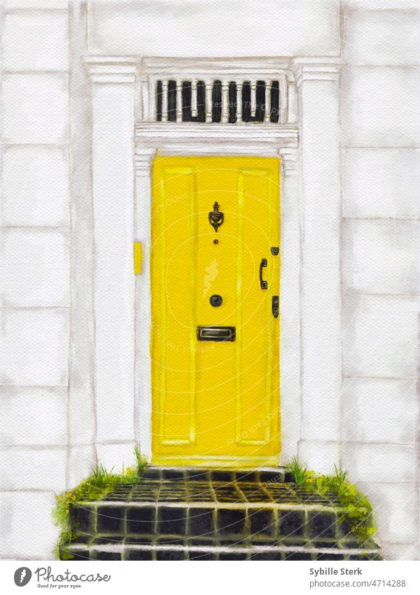 Yellow door with black tiled steps Regency architecture house front door House (Residential Structure) Architecture Exterior shot Door Manmade structures