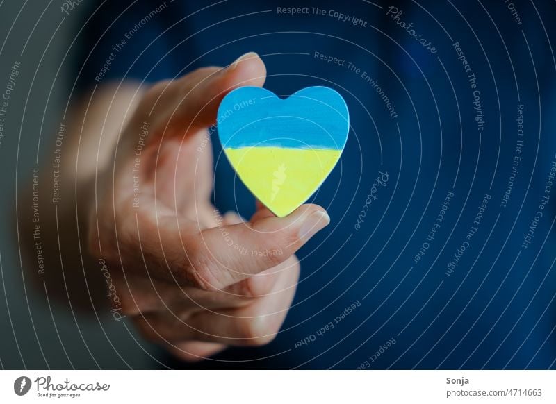 Man holding a heart with national colors of Ukraine Heart Ensign Peace Hope Solidarity Peace Wish Symbols and metaphors Politics and state Blue Yellow Humanity