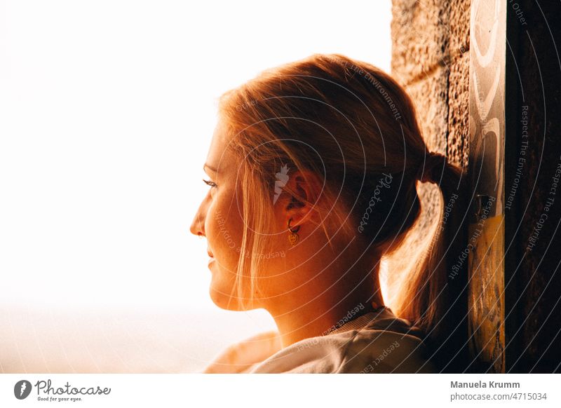 View into the distance at sunset Sunlight Light Light and shadow Colour photo Exterior shot Nature Light (Natural Phenomenon) Contrast portrait Mood lighting