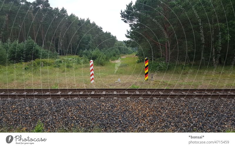In the middle of nowhere Germany Poland railway tracks Railroad tracks rails Forest Meadow trees Nature Border Transport International Exterior shot Deserted