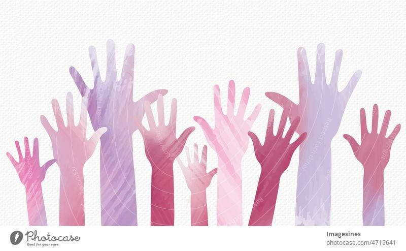 many hands raised on white texture background. People group with arms raised. Flat illustration Arm Art Support backgrounds celebration next love Colour