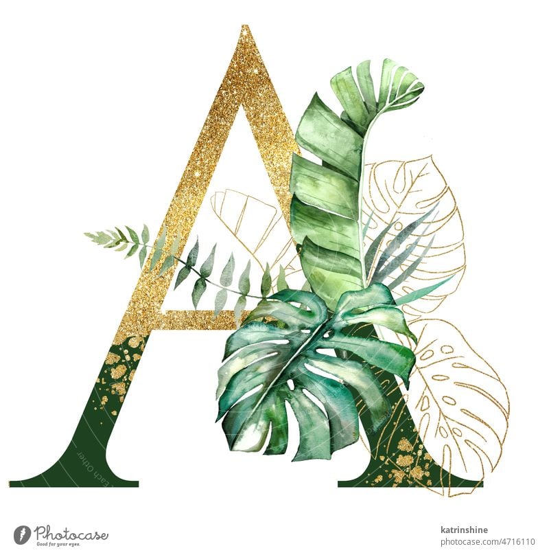 Golden letter A decorated with green and golden Watercolor tropical leaves isolated Botanical Character Drawing Element Exotic Hand drawn Holiday Isolated