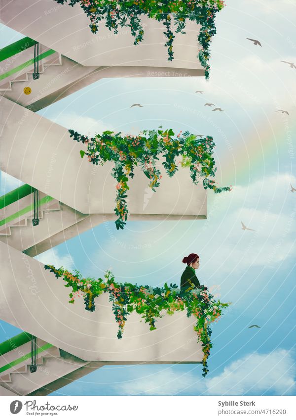 Greener living rainbow highrise stairs balcony flowers growing green leaves greener leaving ecology green architecture birds clouds sky red haired girl future