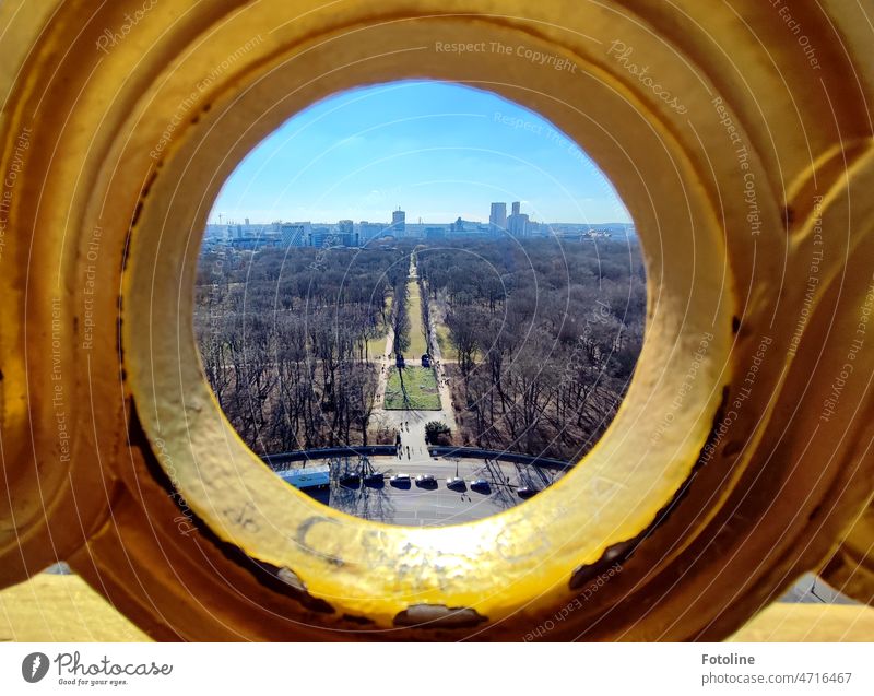 From above, the world looks very different II -View through the golden railing of the Victory Column on the Tiergarten, which still looks quite gray and dreary due to the past winter.