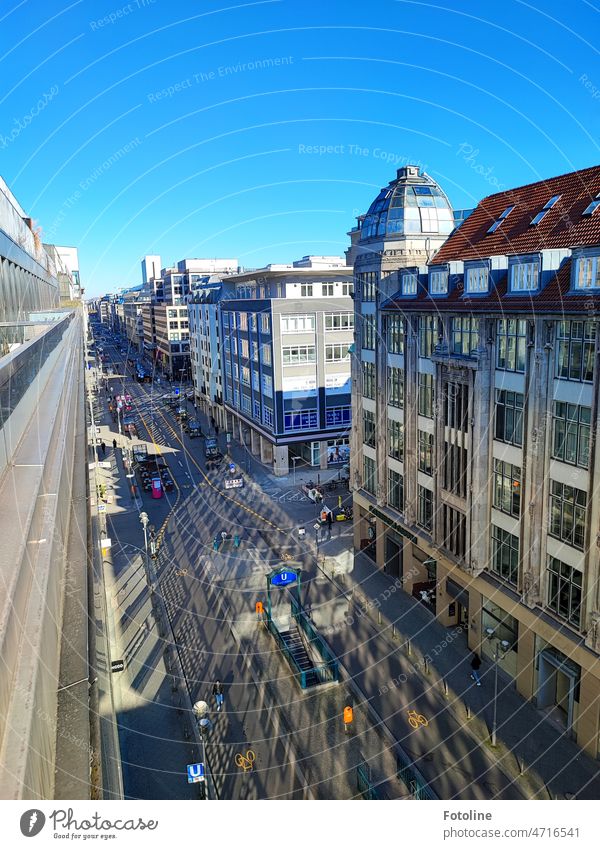 View of Friedrichstraße in Berlin from above. The sun conjures up wild shadow and light effects on the street. Exterior shot Colour photo Town Capital city