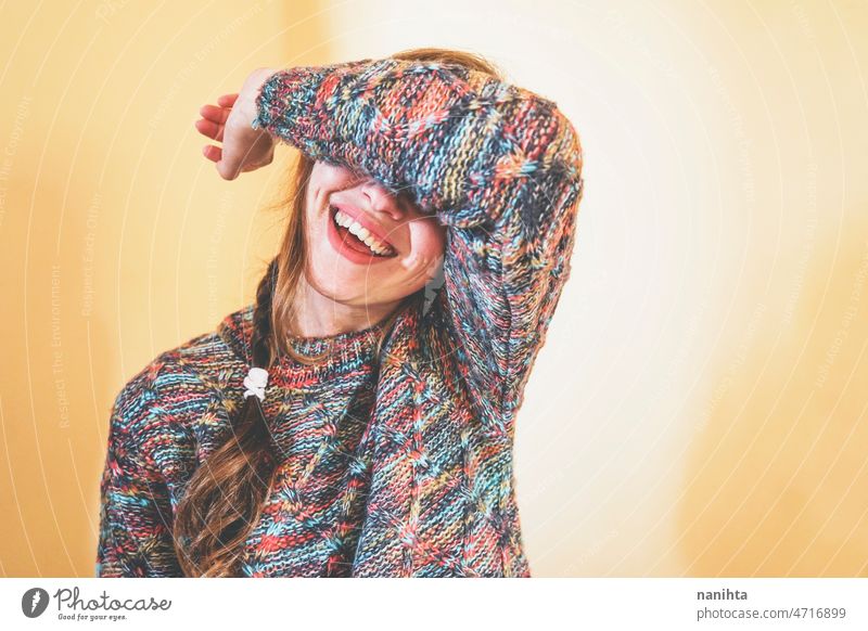 Emotional portrait of a real woman laughing happy happiness joy enjoy natural looking self-confidence true joyful cheerful people young woman young adult cool