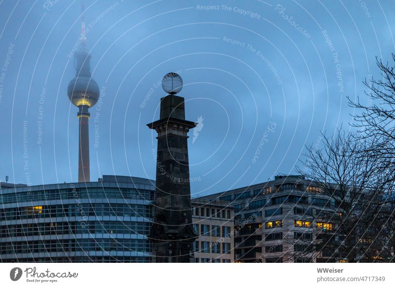 Blue hour at the river Spree in Berlin-Mitte with TV tower in the clouds Evening Winter blue hour Pleasure garden Middle Water Channel Dig River Markets