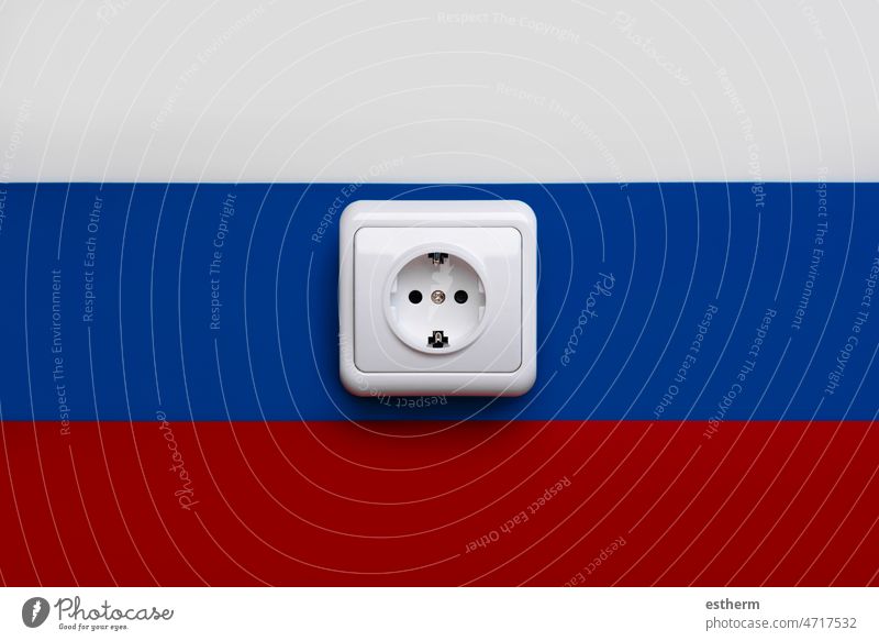 National flag of Russia with electricity outlet socket power plug sanctions war restrictions electricity restrictions boycott energy United States confrontation