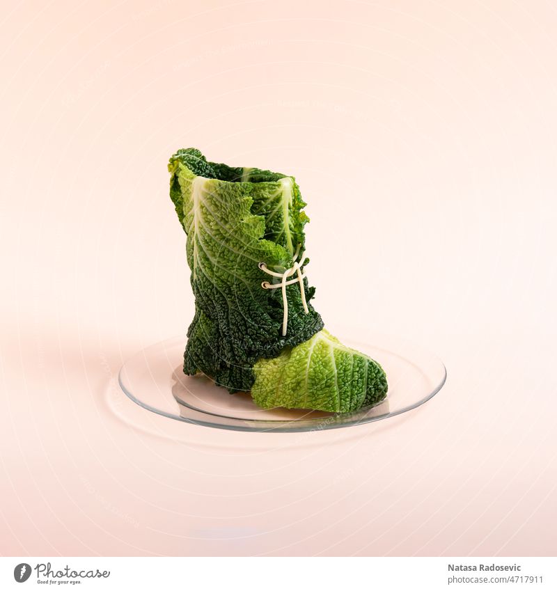 Kale boot with spaghetti as a drawstring on a transparent plate against a pink background Abstract minimal nutrition healthy vegetarian vegetable Contemporary