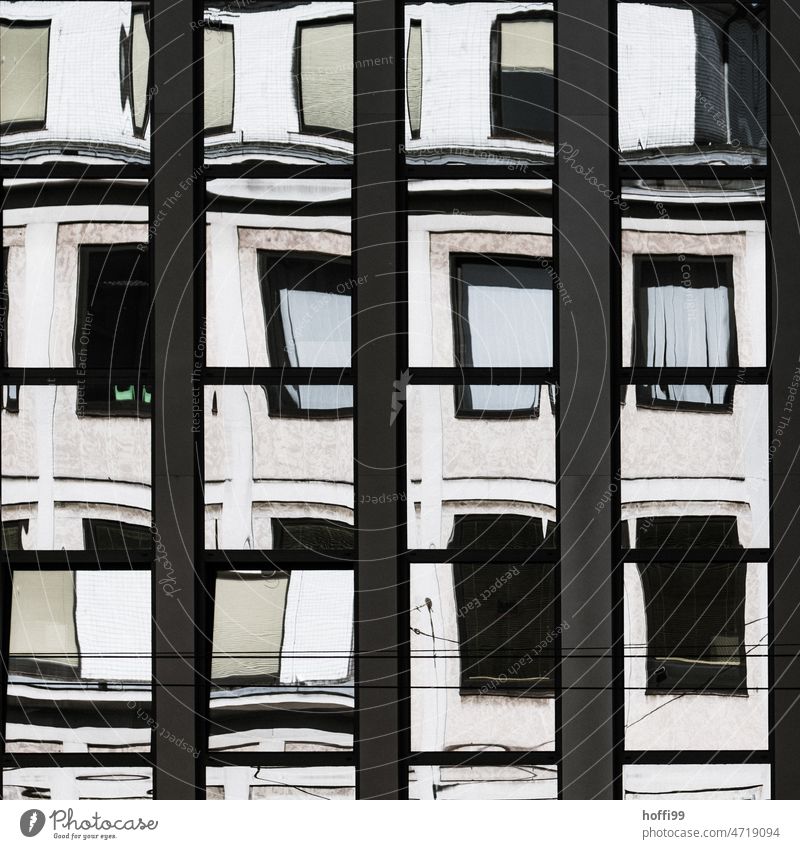 distorted image of a window facade Traffic light Architecture Window Glas facade Modern Sealing warped Glass Reflection Facade Building High-rise Distorted