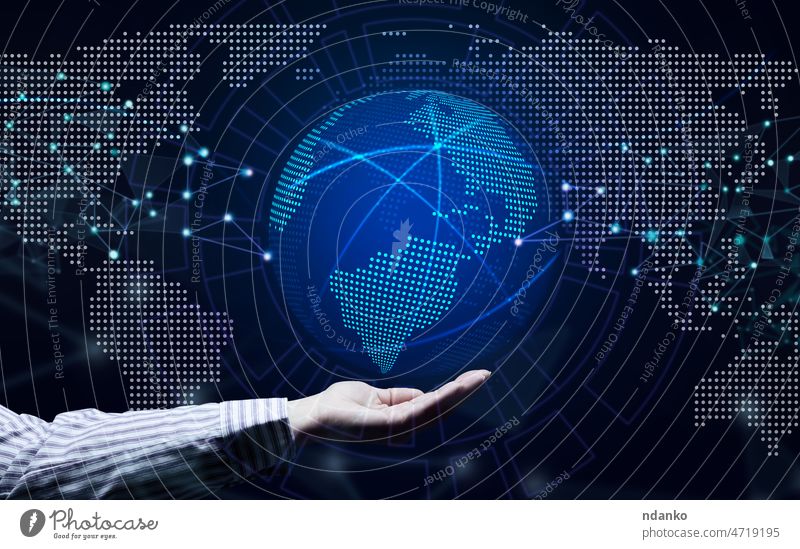 holographic model of the globe and a female hand. Concept of fast exchange of information, global internet ball blue business businessman caucasian