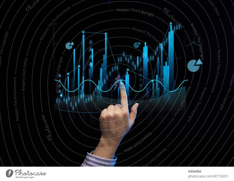 holographic graph with growing indicators and a woman's hand. Business growth concept, profitable startup, profitable business strategy, sales increase. High performance