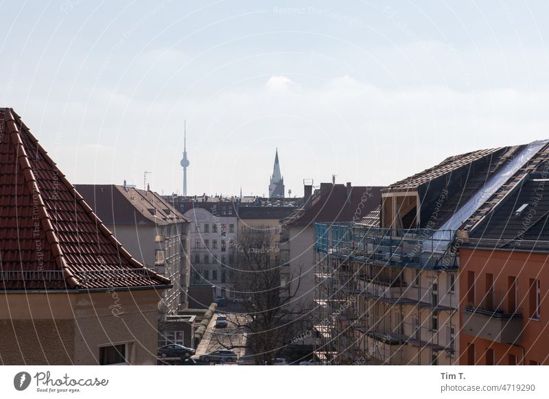 View from above into a Berlin side street with television tower Pankow Television tower Winter Scaffold Attic extension Capital city Town Berlin TV Tower