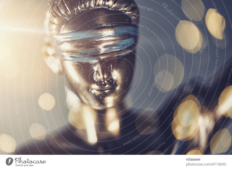 The face of lady justice or Iustitia / Justitia the Roman goddess of Justice, Statue of Justice lawyer judge legal crime jury court courtroom case bokeh verdict