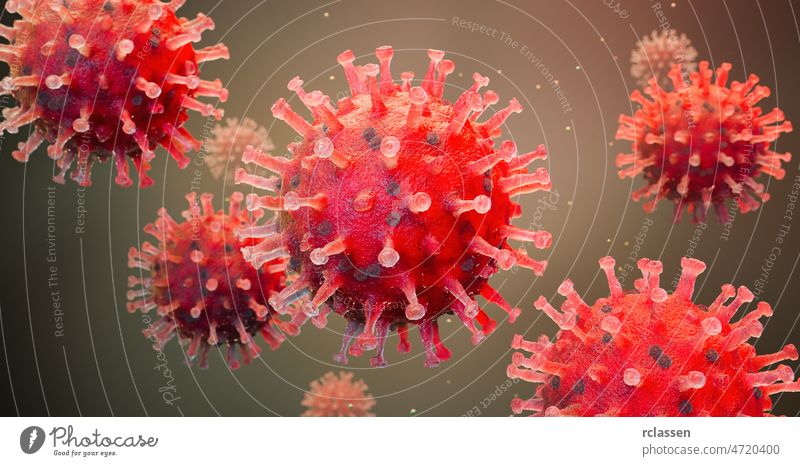 China pathogen respiratory coronavirus 2019-ncov flu outbreak 3D medical illustration. Microscopic view of floating influenza virus cells. Dangerous asian ncov corona virus, SARS pandemic risk concept