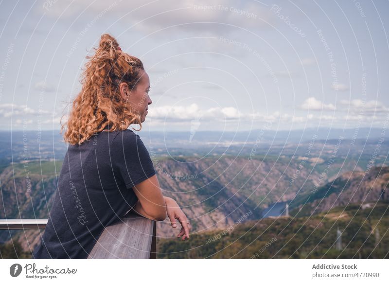 Woman hiker standing and looking at Sil Canyon woman traveler admire canyon observe mountain nature deck amazing female lady adventure viewpoint journey