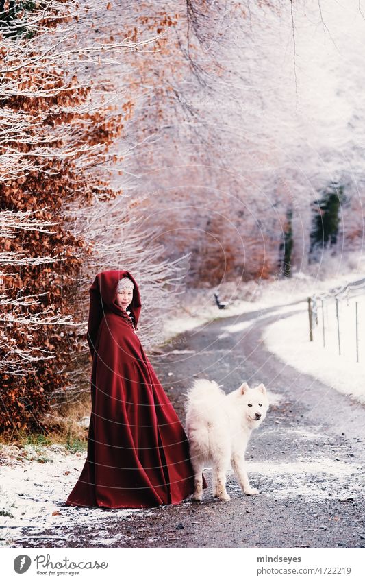 Little Red Riding Hood and the Wolf Snow Red cape red coat Dog white dog Winter magic Winter wonderland Fairy tale Girl dream Storytelling History of the Mystic