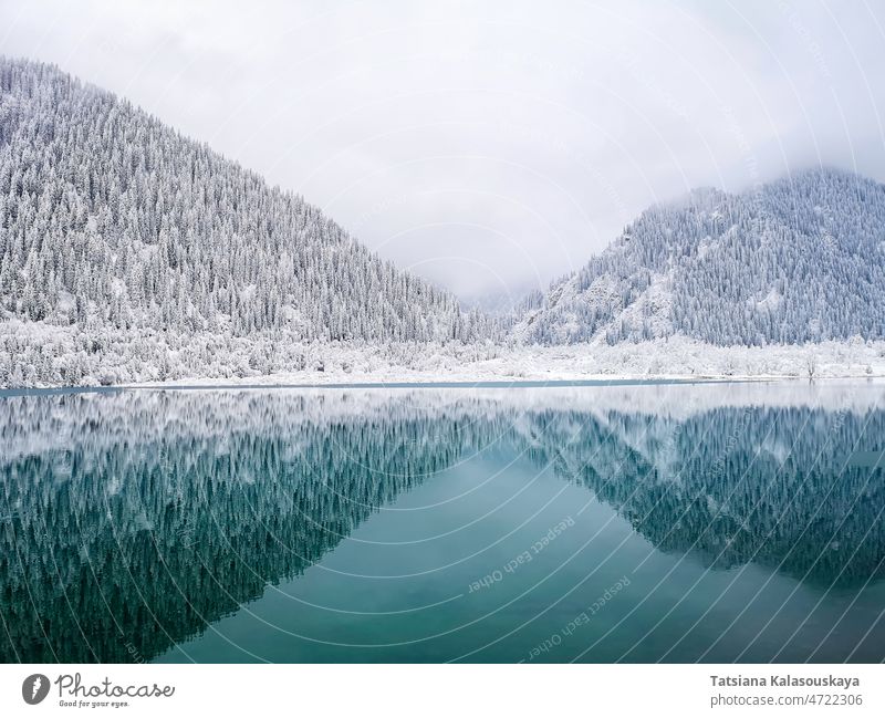 Mountains covered with trees and snow are symmetrically reflected in the turquoise water of the lake winter cold frozen mountains chilly winter time frost