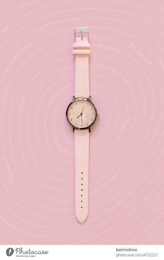 Pink watch on pink, girly accessory top view accessories time Reminder romantic pastel feminine Back to school copy space negative space table nobody monochrome