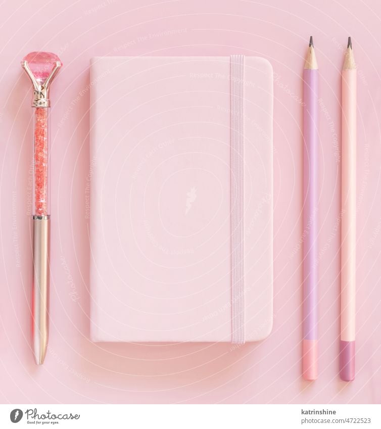 Pink notebook, pensils and decorative gemstone pen on light pink top view textbook school mockup girly top view. education study paper concept learning blank