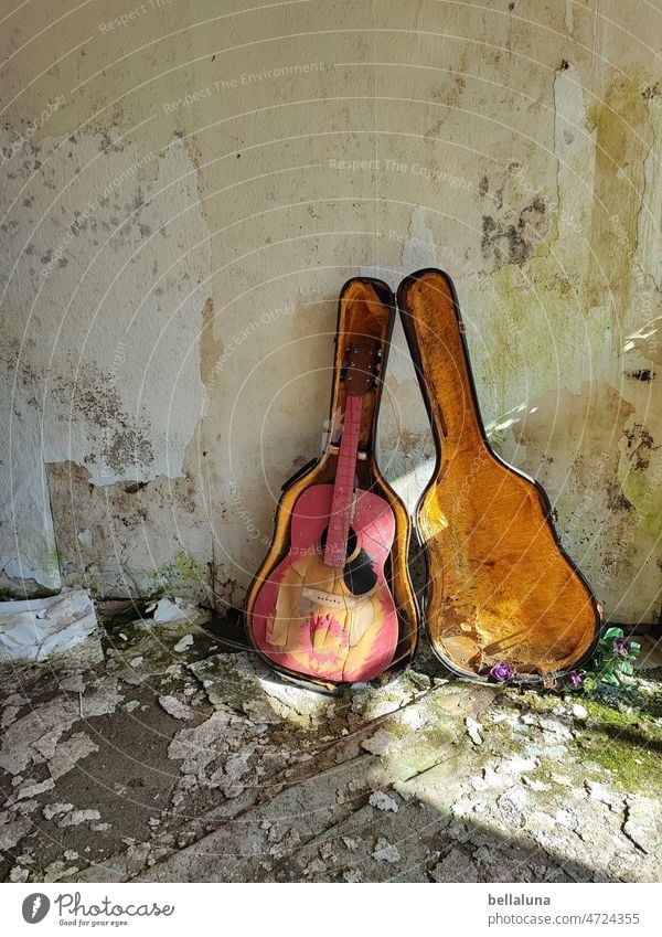 Decay of a guitar lost places Old Broken Transience Decline Derelict Change Ravages of time Apocalyptic sentiment Ruin Architecture Destruction