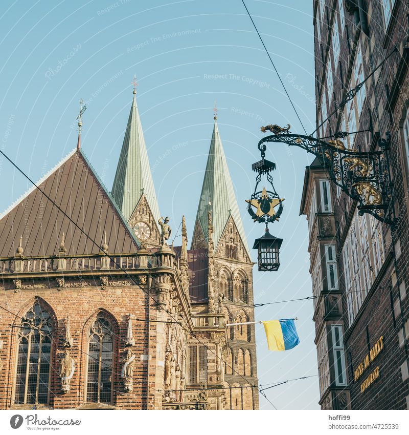Ukrainian flag at Bremen city hall Old town City hall Ukraine uk Blue Yellow symbol Flag Freedom Peace Patriotism Town Sign Politics and state Ensign Sky Blow