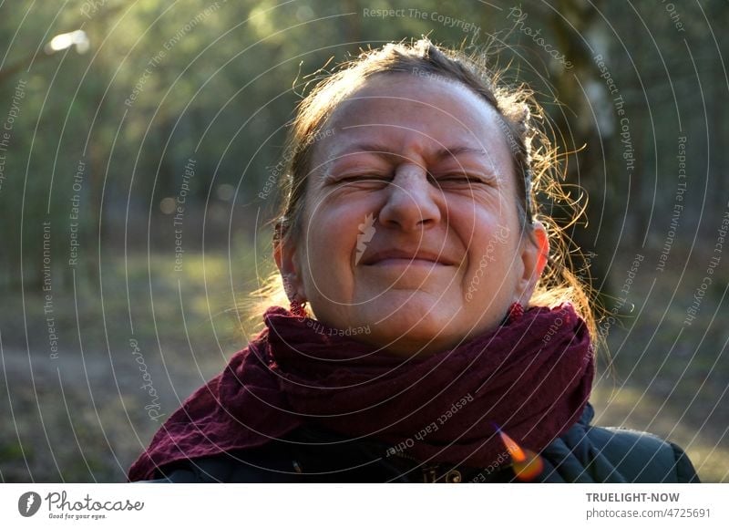 Forest bathing is great / A woman shows it with feeling / Inside happiness. forest bath Forest Bathing Sinrin-Yoku portrait Woman Back-light Face Close-up