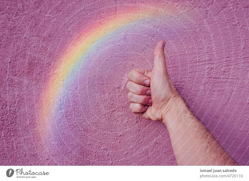 thumb and rainbow on the pink wall, lgbt symbol Thumb thumb up hand colors colorful gay pride lgbt flag diversity tolerance open minded fingers palm body part
