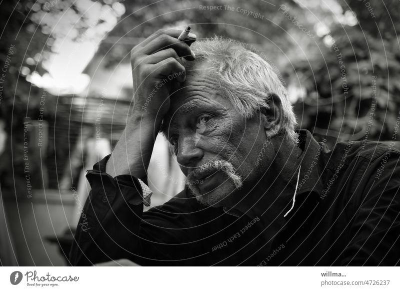The ponderer Man portrait Meditative Facial hair White-haired smoking Think Dialog partner Hope Remember Loneliness mustache schnauzer moustache Gray-haired