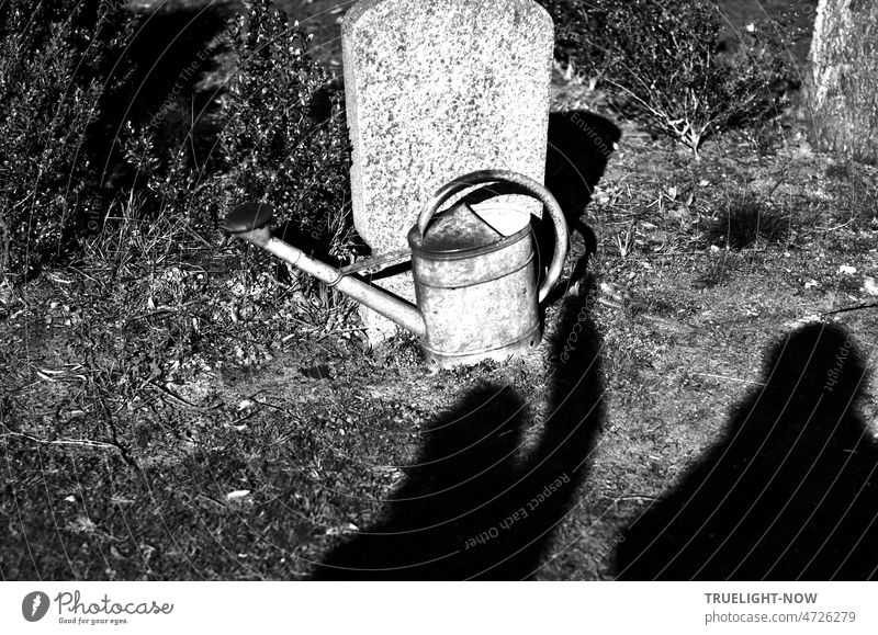 Sunshine on the cemetery in black and white: two shadows on the ground at an old gravestone and a shadow arm grabs an old watering can standing in front of the stone