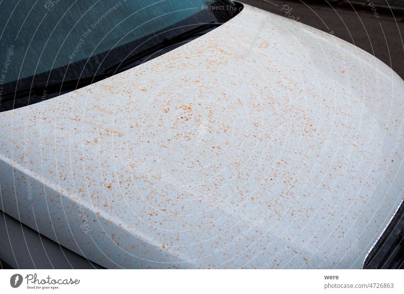 Hood of white car with red dust spots after blood rain Fender Natural phenomenon Sahara dust Sahara wind Sand hood sandstorm stains