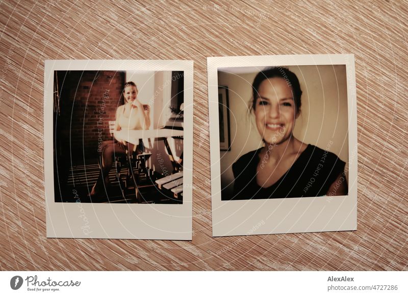 Two Polaroid pictures with portraits of a tall, slim, blond woman are lying next to each other on a wooden table. Smiling Laughter Joy Analog grain