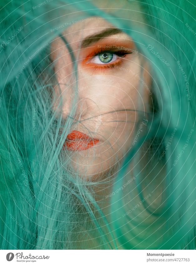 eye green-haired Green Eyes Turquoise Red Orange Looking moment red lips Make-up lid line Eye shadow pretty Attractive Mysterious differently individual