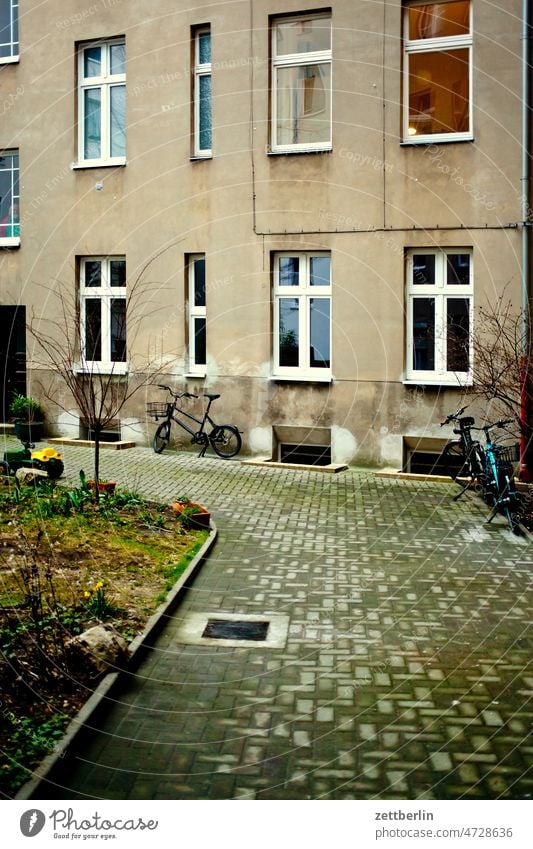 Backyard in Schöneberg Old building on the outside Fire wall Facade Window House (Residential Structure) Sky Sky blue rear building Courtyard Interior courtyard