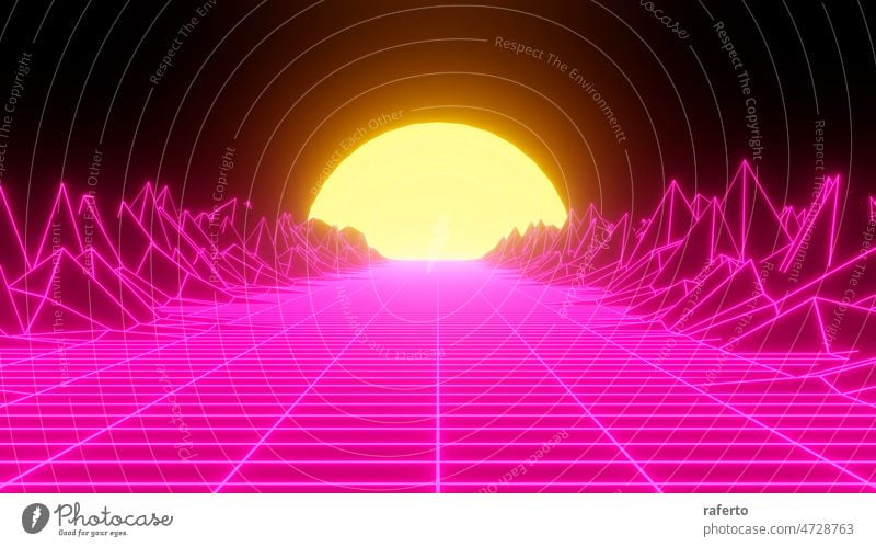 Retro neon sunset. Vaporwave vintage 3D neon landscape.3d illustration 80s game retro background futuristic grid three-dimensional abstract space geometric