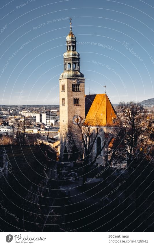 Müllner Church Salzburg Panorama (View) Deep depth of field Day Deserted Exterior shot Colour photo Calm Landmark Tourist Attraction Dome Town Small Town