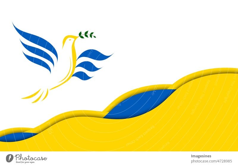 linear silhouette dove with an olive branch in the colors of the Ukrainian flag. Peace dove in the shape of the Ukrainian flag blue and yellow fighting for peace. Support Ukraine. Image